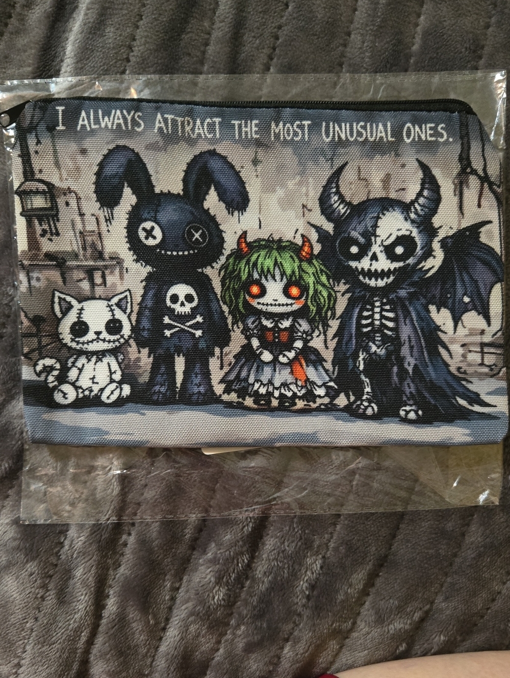 Canvas Unisex Zipper Pouch Featuring Unusual Characters On A Gray Background - Picture 2 of 3